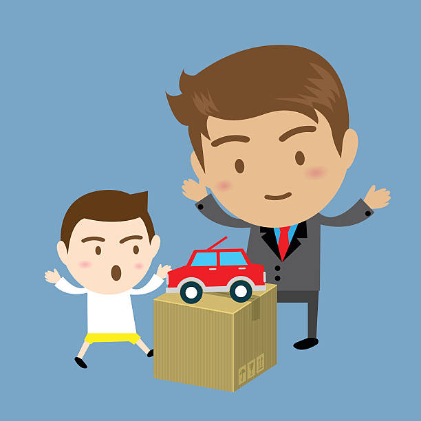 ilustraciones, imágenes clip art, dibujos animados e iconos de stock de padre dando coche de toy a su hijo - house home interior small human hand