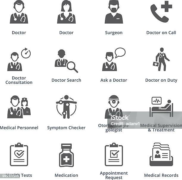 Ilustración de Servicios Médicos Iconos Conjunto 3serie Negro y más Vectores Libres de Derechos de Ícono - Ícono, Doctor, Paciente