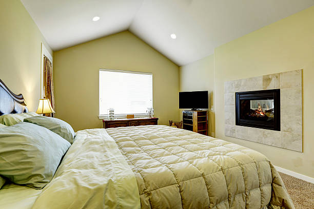 istock Master bedroom with built in fireplace and vaulted ceiling. 545111864
