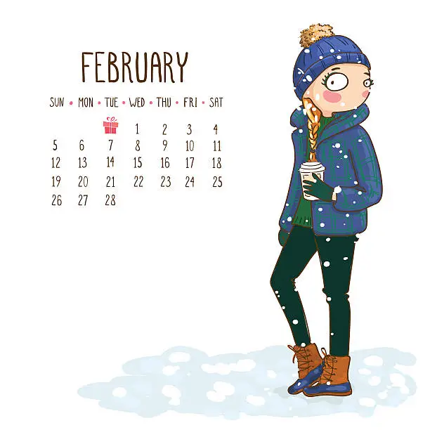 Vector illustration of Calendar 2017, february month. Season girls design. Vector illustration