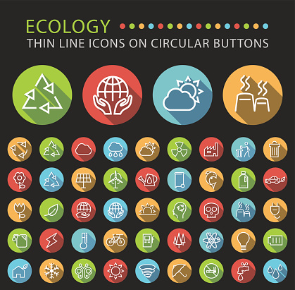 Set 45 Elegant Universal White Ecology Minimalistic Thin Line Icons on Circular Colored Buttons on Black Background.