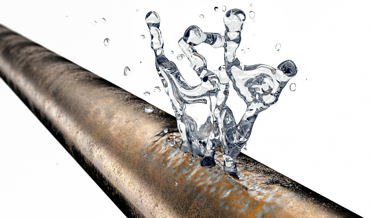 bursted copper pipe with water leaking out, 3d illustration