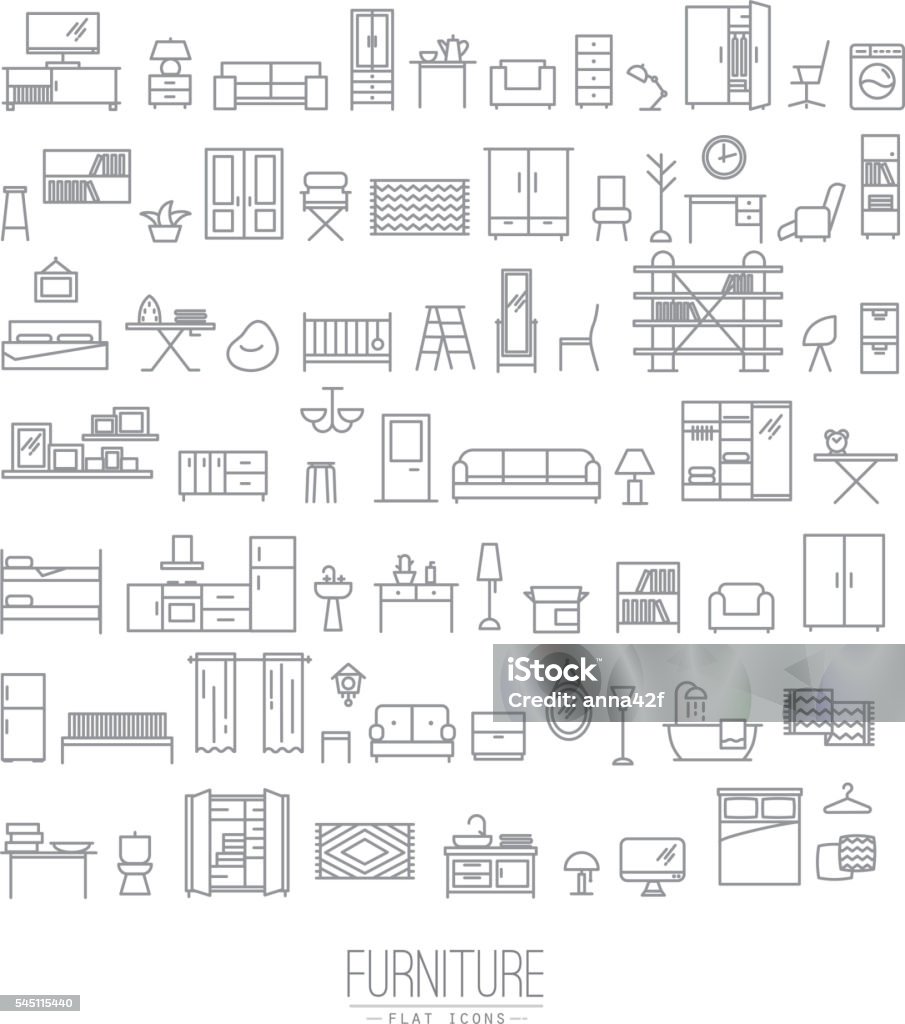 Furniture flat icons grey Furniture and home decor icon set in modern flat style drawing with grey lines on white background Icon Symbol stock vector