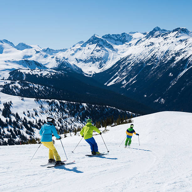 Family skiing surrounde3d by stunning mountain views