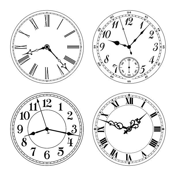 Different clock faces Editable vector clock faces. Arabic and roman numerals. Round shape. Easily remove and replace hands and design. clock face stock illustrations