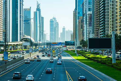 Highway traffic on E11 Sheikh Zayed Road highway, Dubai, United Arab Emirates.