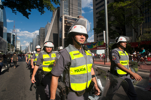 São Paulo, Brazil - July 03, 2016: Riot police make security far-right demonstrators at Paulista Avenue during protest