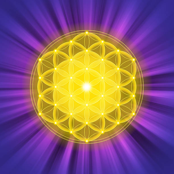 istock Bright golden Flower of Life on purple light rays 545126388