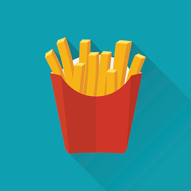 French fries. Vecto French fries. Vector illustration, flat design. French fries in paper box. French fries in isolated flat design with long shadow. French fries fast food. French fries in a red package. french fries stock illustrations