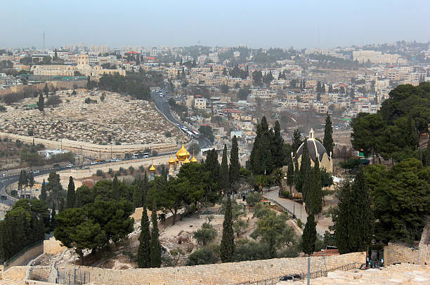 Mount of Olives in Jerusalem, Israel Mount of Olives with Dominus Flevit Roman Catholic church and Russian Orthodox Church of Mary Magdalene against the background of Bab Al-Rahmah Muslim Cemetery, Jerusalem, Israel tomb of the virgin mary in jerusalem stock pictures, royalty-free photos & images