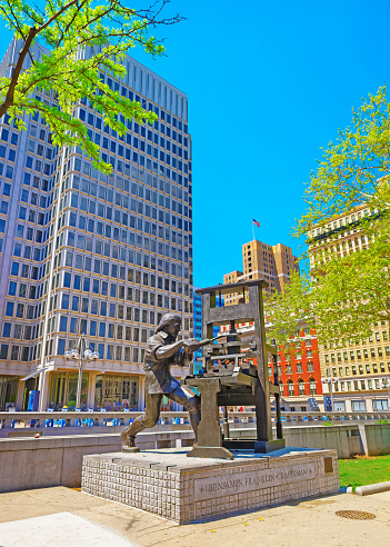 Philadelphia - USA - May 4, 2015: Benjamin Franklin Craftsman sculpture at Municipal Services Building of Philadelphia, Pennsylvania, USA. It is central business district in Philadelphia.