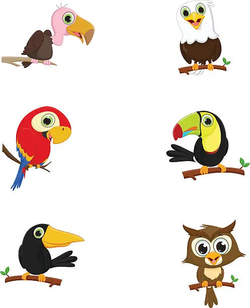 Vector illustration of collection of cute birds on a tree branch