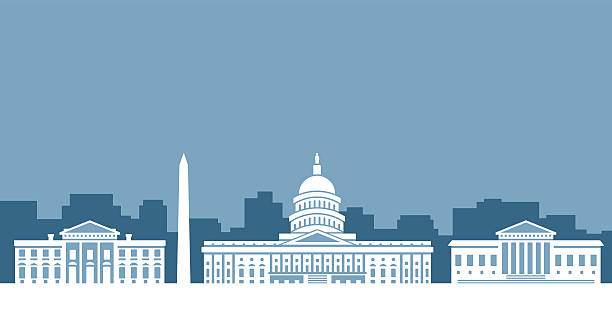 Washington D.C. Government Skyline Washington DC United States government skyline silhouettes of the White House, the United States Capitol Building and the Supreme Court. us supreme court building stock illustrations