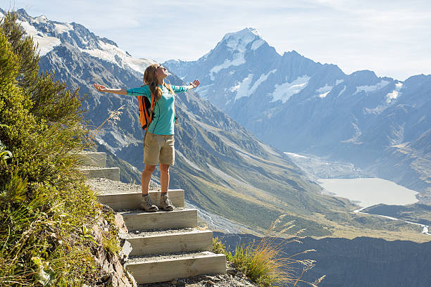 istock Cheering hiker on mountain top celebrates achievement 545252170