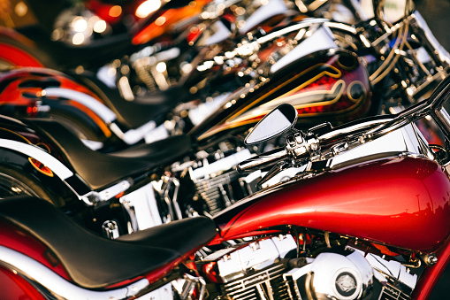 Brandon, Florida, United States -June 15, 2006: A row of Harley Davidson motorcycles lined up at the dealership during Bike Fest 2006.  