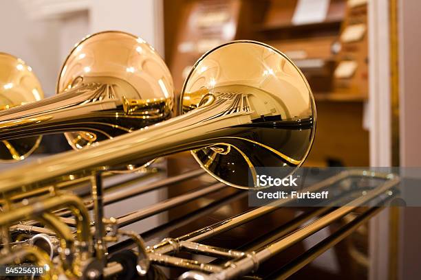 Fragment Trombones Closeup Stock Photo - Download Image Now - Trombone, Trumpet, Acoustic Music