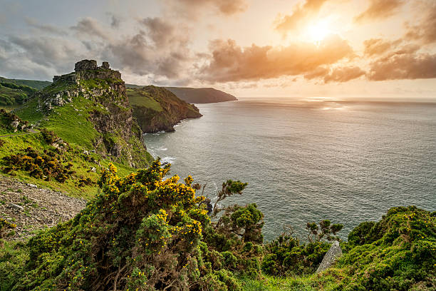 Beautiful evening sunset landscape image of Valley of The Rocks stock photo