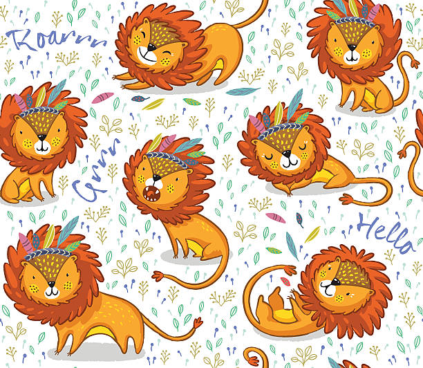 Funny lions seamless vector pattern with white background - ilustração de arte vetorial