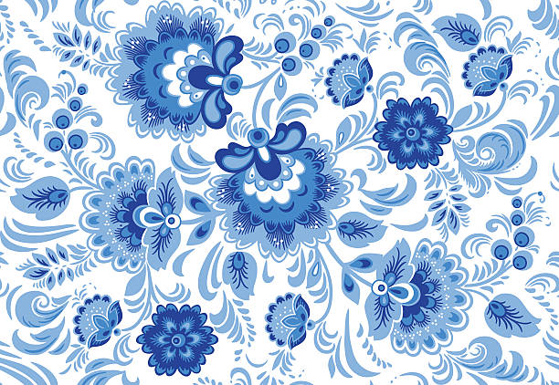 Vector seamless pattern in traditional russian gzhel style - ilustração de arte vetorial