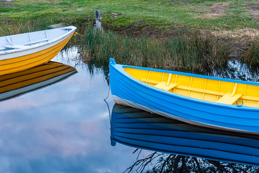 Colorful wooden dinghies moored in still water next to a riverbank in Tasmania, Australia.