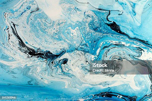 Blue Marbling Texture Creative Background With Abstract Oil Painted Stock Photo - Download Image Now