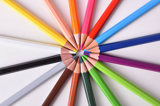 istock Color pencils detail placed on circle on white table 545262038