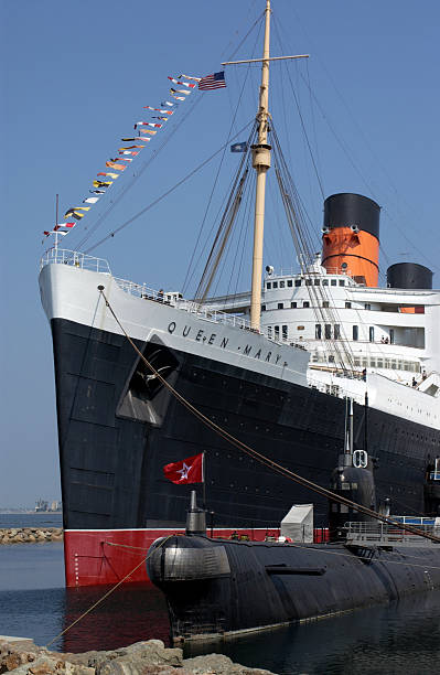 Long Beach, USA - August 16, 2002: The Queen Mary Cruise Liner (now a hotel) moored at Long Beach, California in the United States of America.