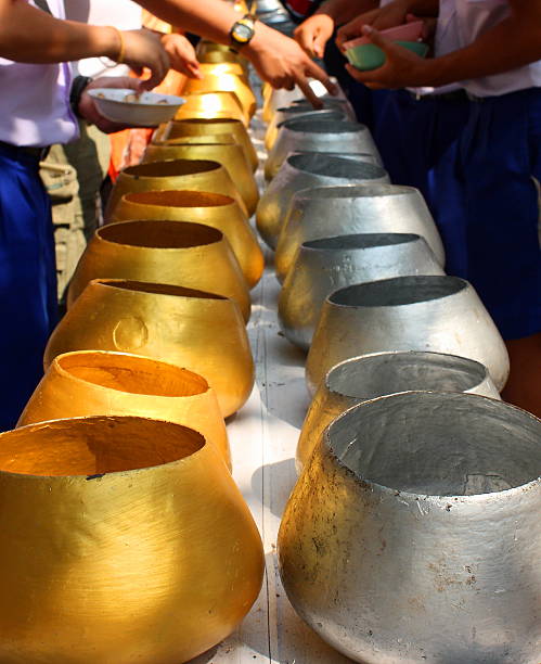 gold and silver monk alms bowls thailand - iron asian culture buddhism buddha imagens e fotografias de stock