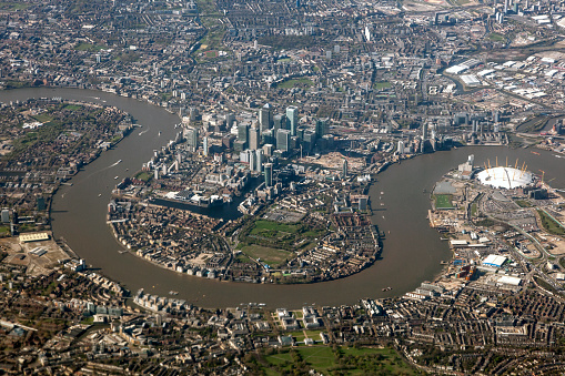 Aerial view of the Canary Wharf district in the city of London, United Kingdom