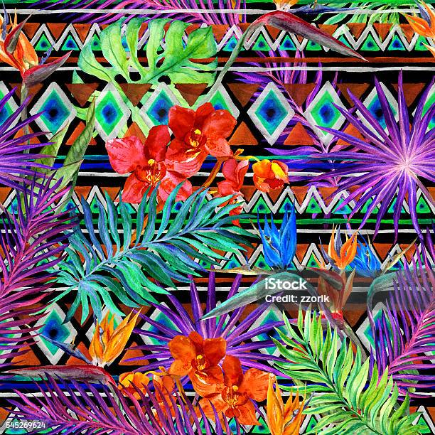 Tropical Exotic Leaves Orchid Flowers Neon Light Seamless Pattern Watercolor Stock Illustration - Download Image Now