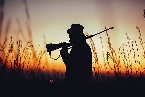 istock silhouette of hunter carrying shotgun on shoulder and observing 545269830