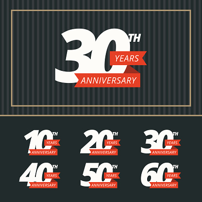 Vector set of anniversary signs. Ten, twenty, thirty, forty, fifty, sixty years design elements collection.