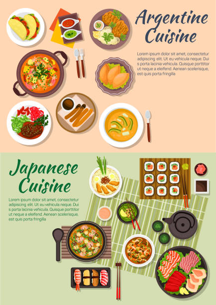 zu den beliebten argentinischen und japanische speisen flaches symbol - pork chop illustrations stock-grafiken, -clipart, -cartoons und -symbole