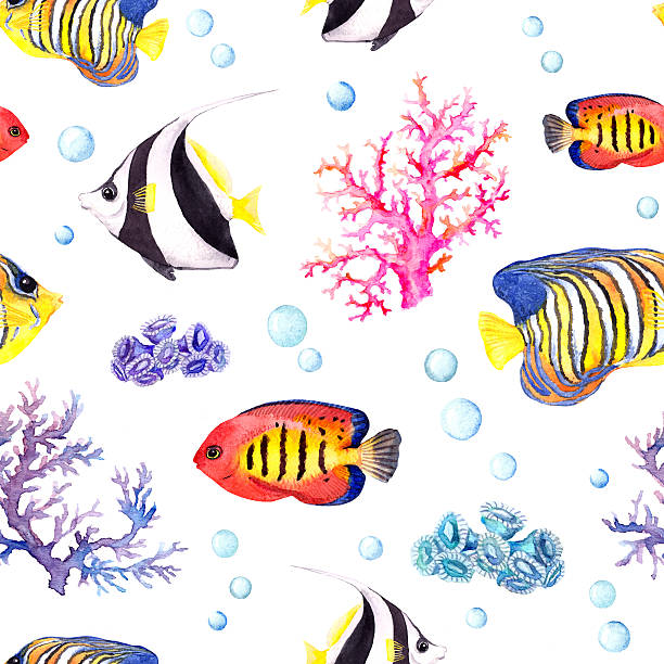 istock Exotic fishes, sea corals and water baubles. Repeating pattern. Watercolor 545273460