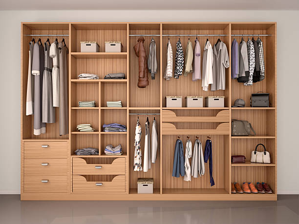 istock wooden wardrobe closet full of different things. 3d illustration 545273812