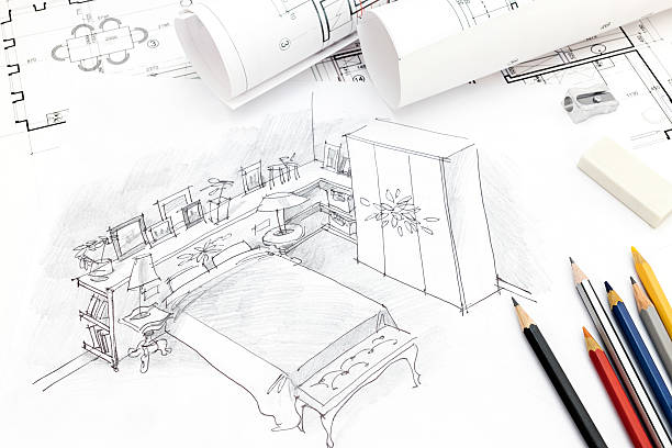istock bedroom interior hand drawing with blueprint, rolls and pencils 545274604