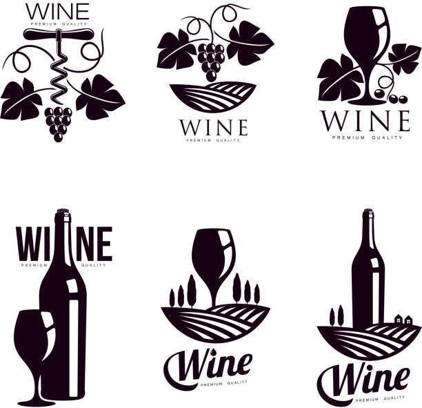 우아한 와인 로고 템플릿 세트 - wine bottle illustrations stock illustrations