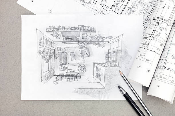 鉛筆とリビングルームのフリーハンドスケッチ建築図面 - from distance ストックフォトと画像