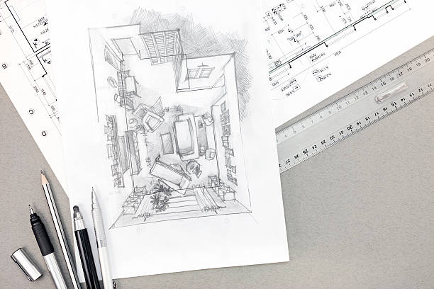 istock architectural sketch with technical drawing and pencils on desk 545276248