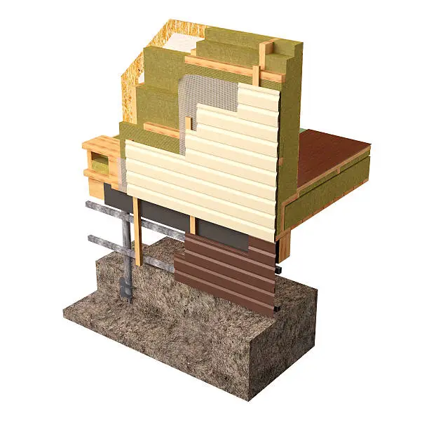Three-dimensional image of the concept of building a frame house. Fragment of wall insulation of walls and floors.