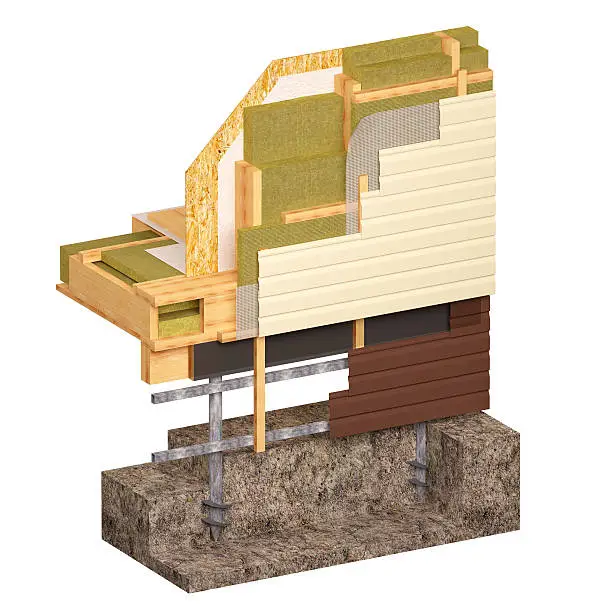 Three-dimensional image of the concept of building a frame house. Fragment of wall insulation of walls and floors.