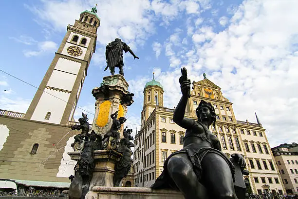 The Prachtbrunnen Fountain in the center of Augsburg, Germany, Europe.