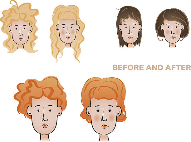 Makeover Vector isolated women before and after hairdo and makeup. Gradient and transparency were used to create this illustration teenage girl before and after make up stock illustrations