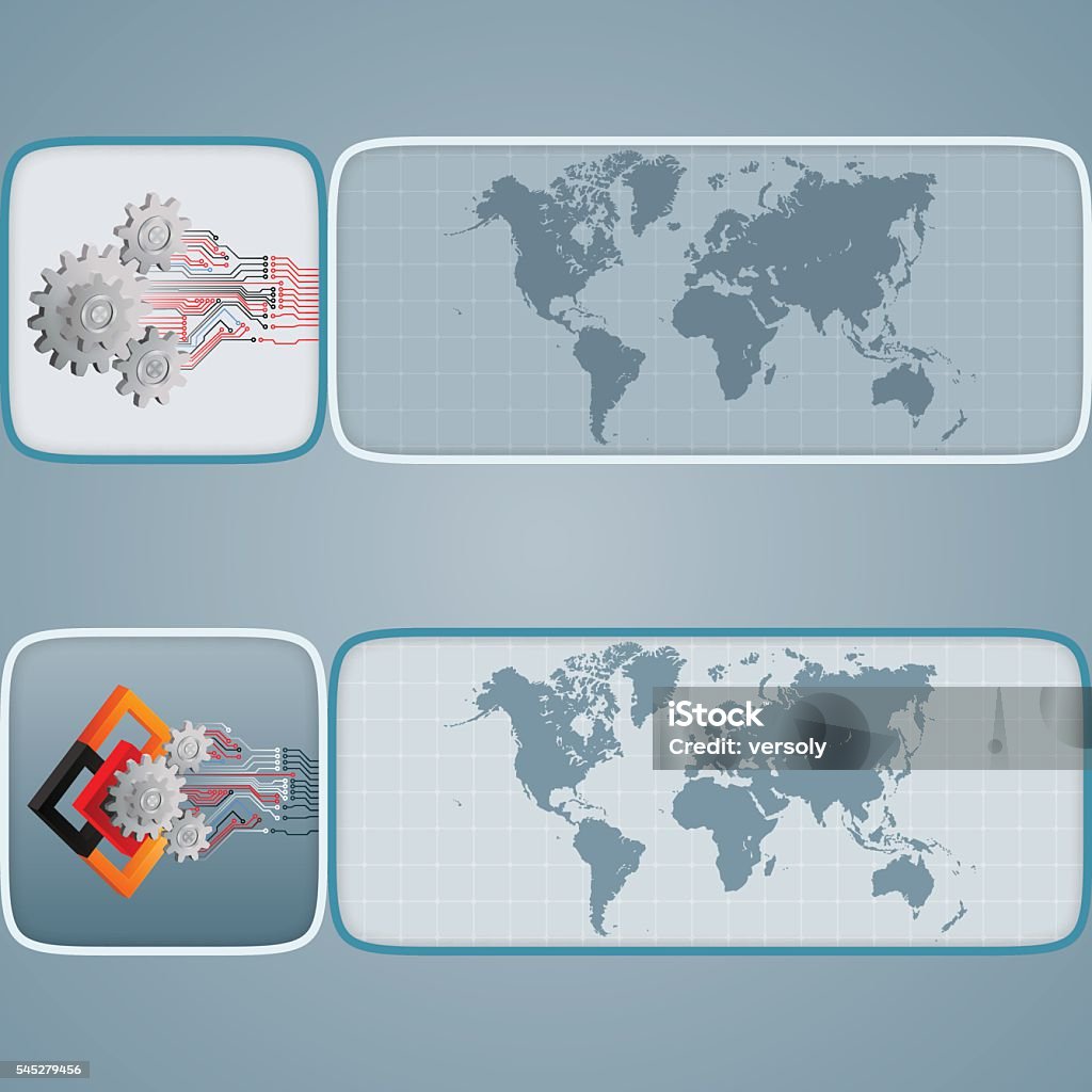 Banners with World map, gears and circuits Set of web banners with three dimensions arrangement with squares, gear and electronic circuits; Map trace manually  from: http://www.lib.utexas.edu/maps/world.html Abstract stock vector