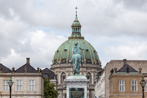 Dome of the Marble Church in Copenhagen, built between 1749 and 1894, with the statue of King Frederik the 5th, made of the french sculptor J.F. Saly in 1771.