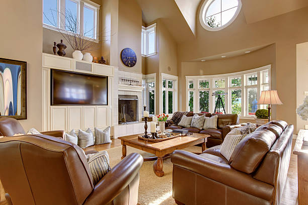 istock Large living room interior design with high vaulted ceiling 545286056