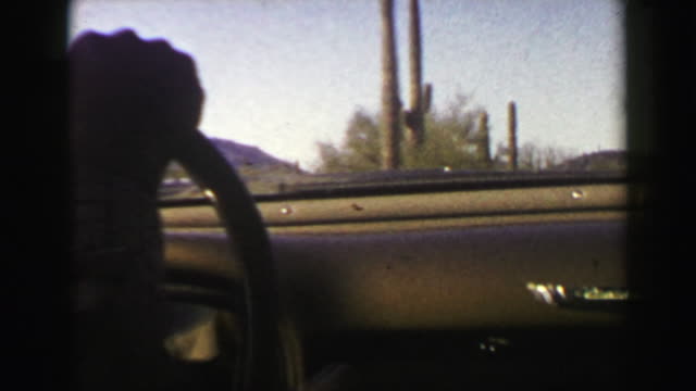 1951: Behind the wheel view Cadillac car driving Organ Pipe Cactus National Monument Park.