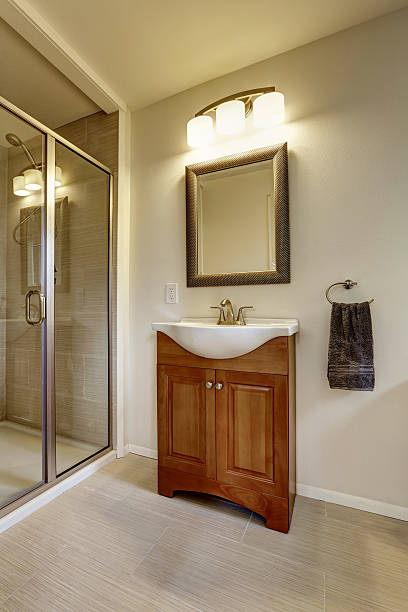 istock Beautiful grey new modern bathroom interior with sink 545336798