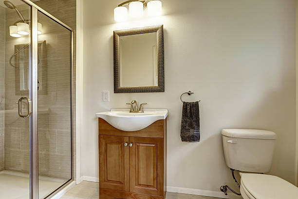 istock Beautiful grey new modern bathroom interior with sink 545336892