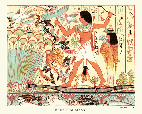 Vintage engraving of Ancient egyptians hunting birds